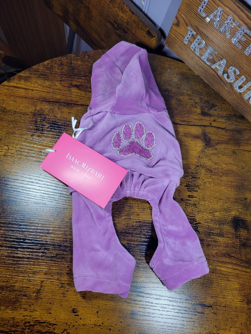 Isaac Mizrahi Lavender Velour Dog Hoodie with Glitter Paw xxs